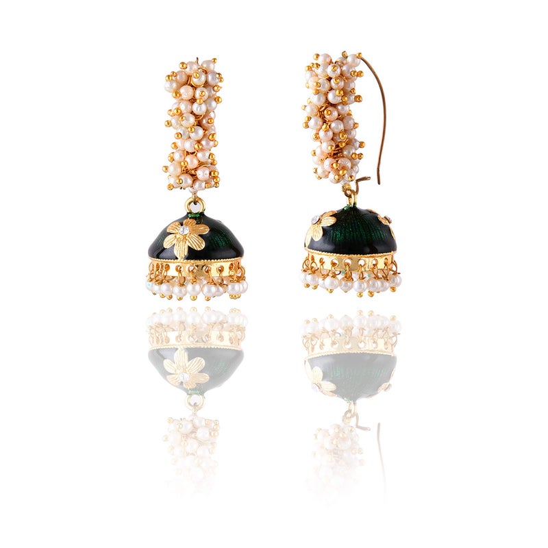 Moonstruck Golden Meenakari Jhumkas With White Pearls For Women (Green) - Image 4